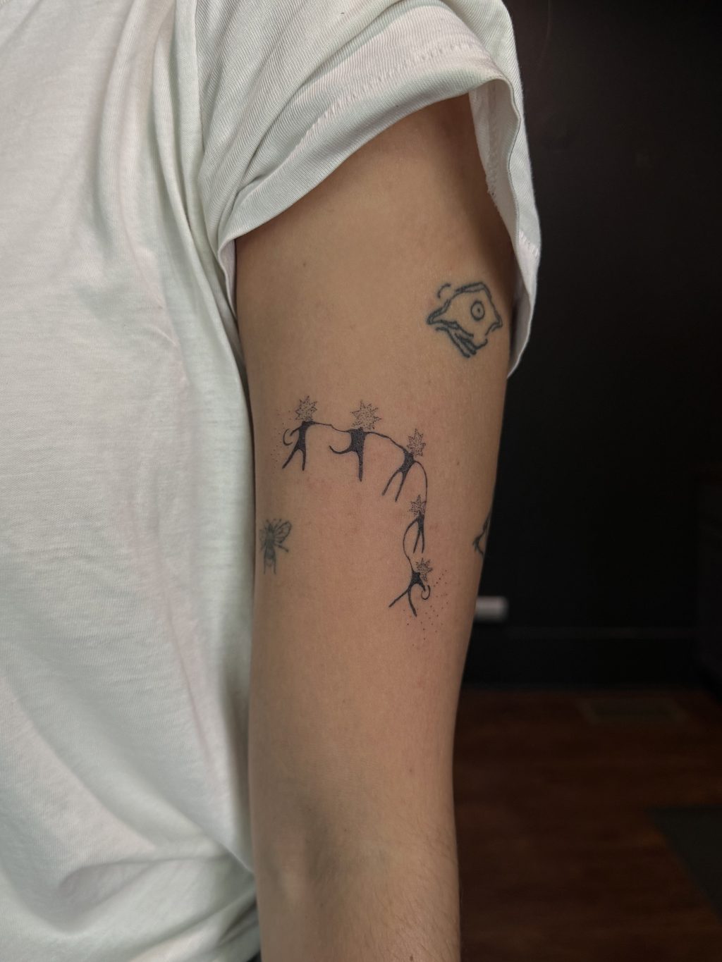 Fine-line illustrative figures with a small constellation on the upper arm.